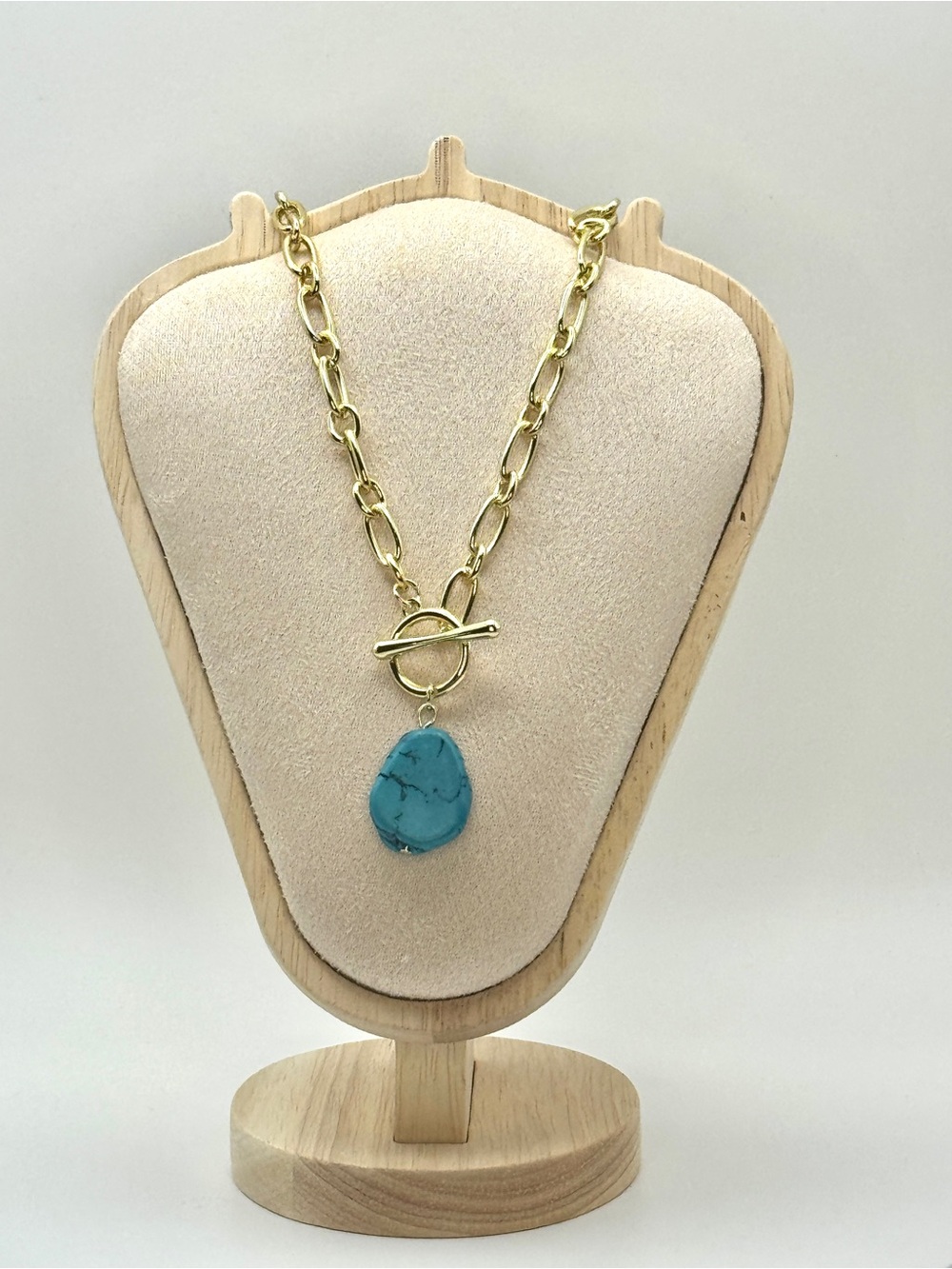 NWT 18K Gold Plated Link Chain Statement Toggle Necklace Turquoise  Pendant Boho - Picture 3 of 8